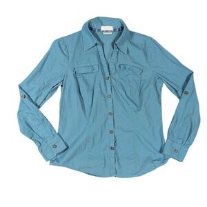 Van Heusen Womens Small Teal Blue 100% Cotton Roll Tab Sleeve Button Up Blouse